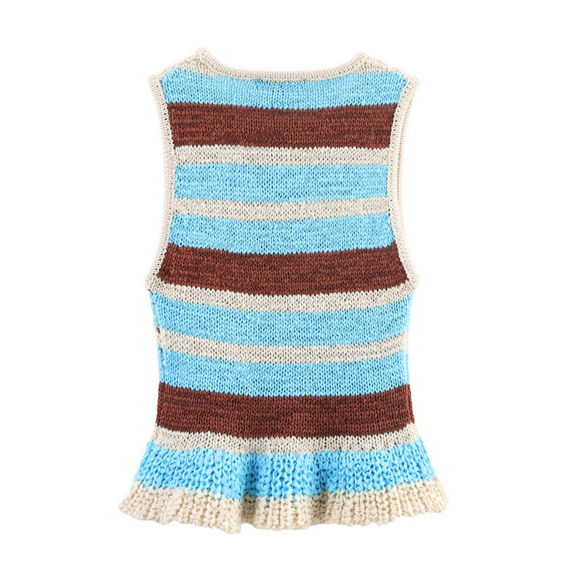 Laminated Decoration Striped Sleeveless Knitted Top
