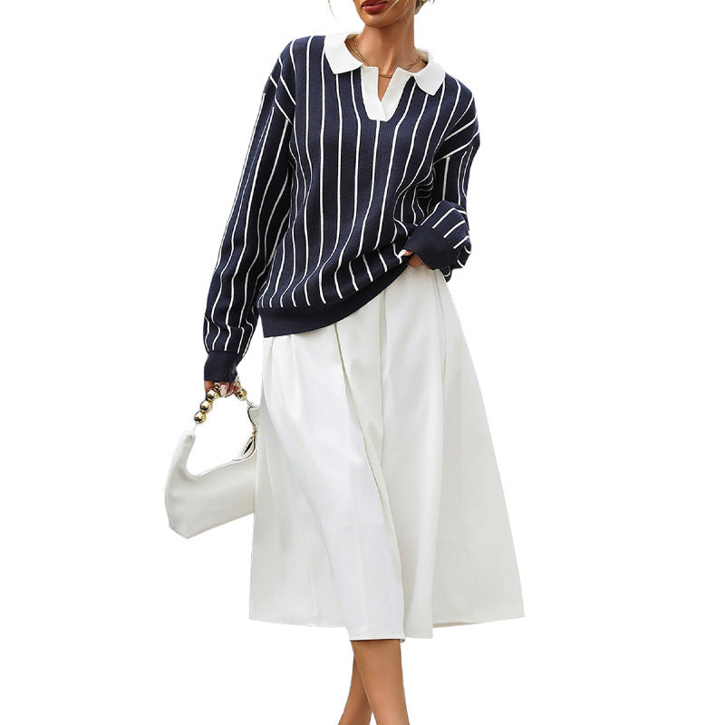 College Street Fashion Polo Collar Stripes Women's Sweater