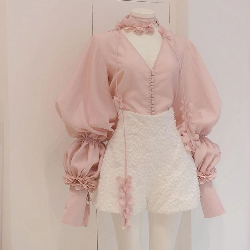 Shirt Three-dimensional Flower Shorts Set For Women