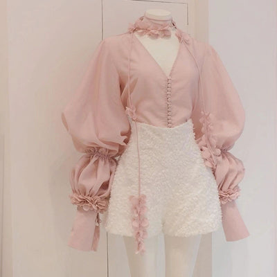 Shirt Three-dimensional Flower Shorts Set For Women