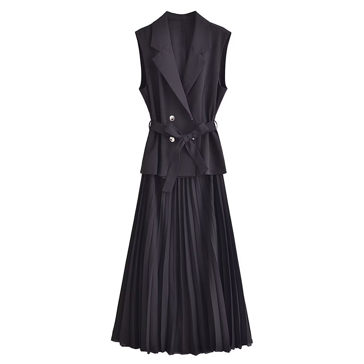 European And American Double Breasted With Belt Vest Pleated Skirt Dress