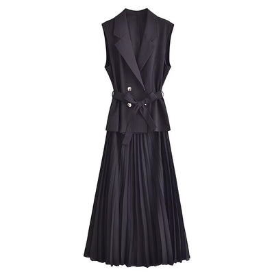 European And American Double Breasted With Belt Vest Pleated Skirt Dress