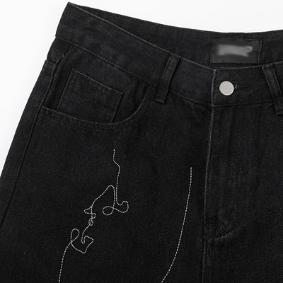 Line Embroidery Straight Jeans Men