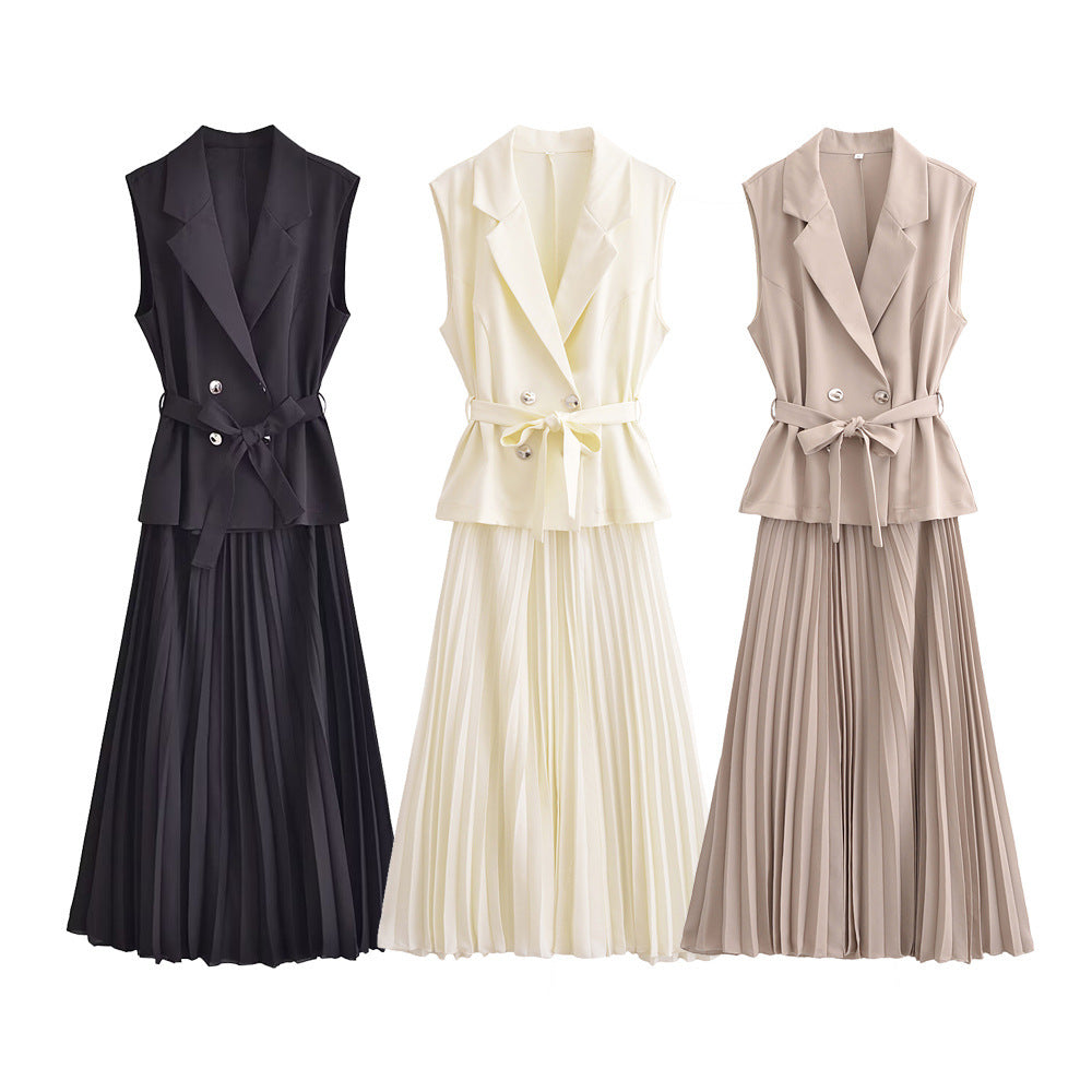 European And American Double Breasted With Belt Vest Pleated Skirt Dress