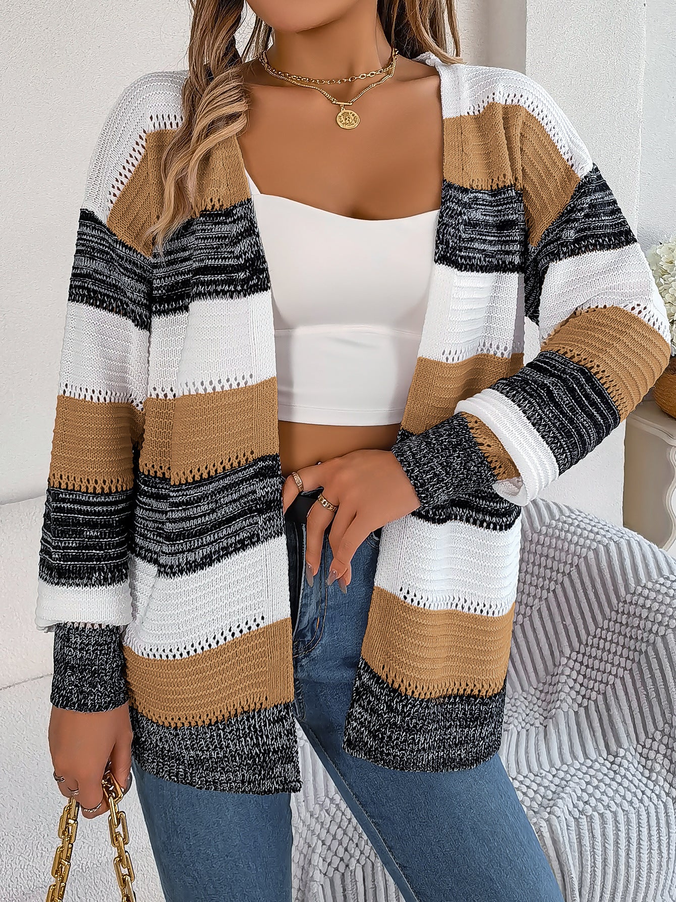 Casual Hollow Contrast Color Striped Lantern Sleeve Cardigan Sweater