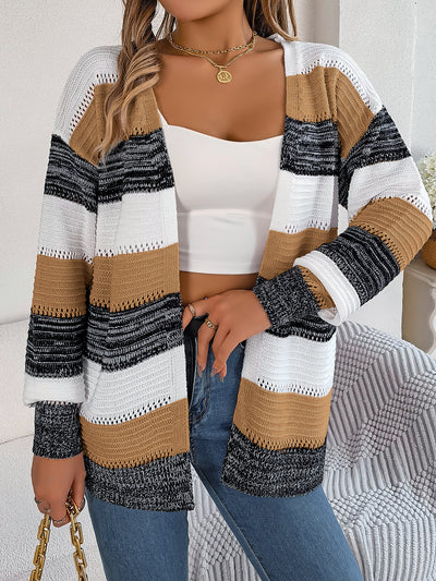 Casual Hollow Contrast Color Striped Lantern Sleeve Cardigan Sweater