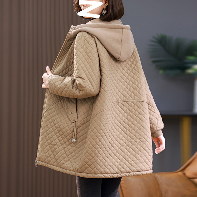 Women's Rhombus Cotton-padded Mid-length Loose Fleece-lined