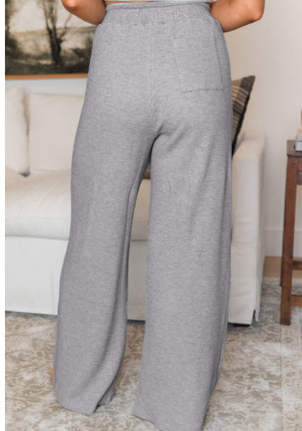 Gray Waffle Knit Drawstring High Waist Wide Leg Pants