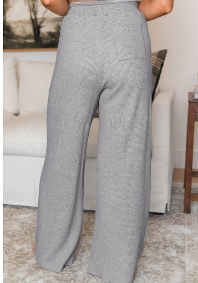 Gray Waffle Knit Drawstring High Waist Wide Leg Pants
