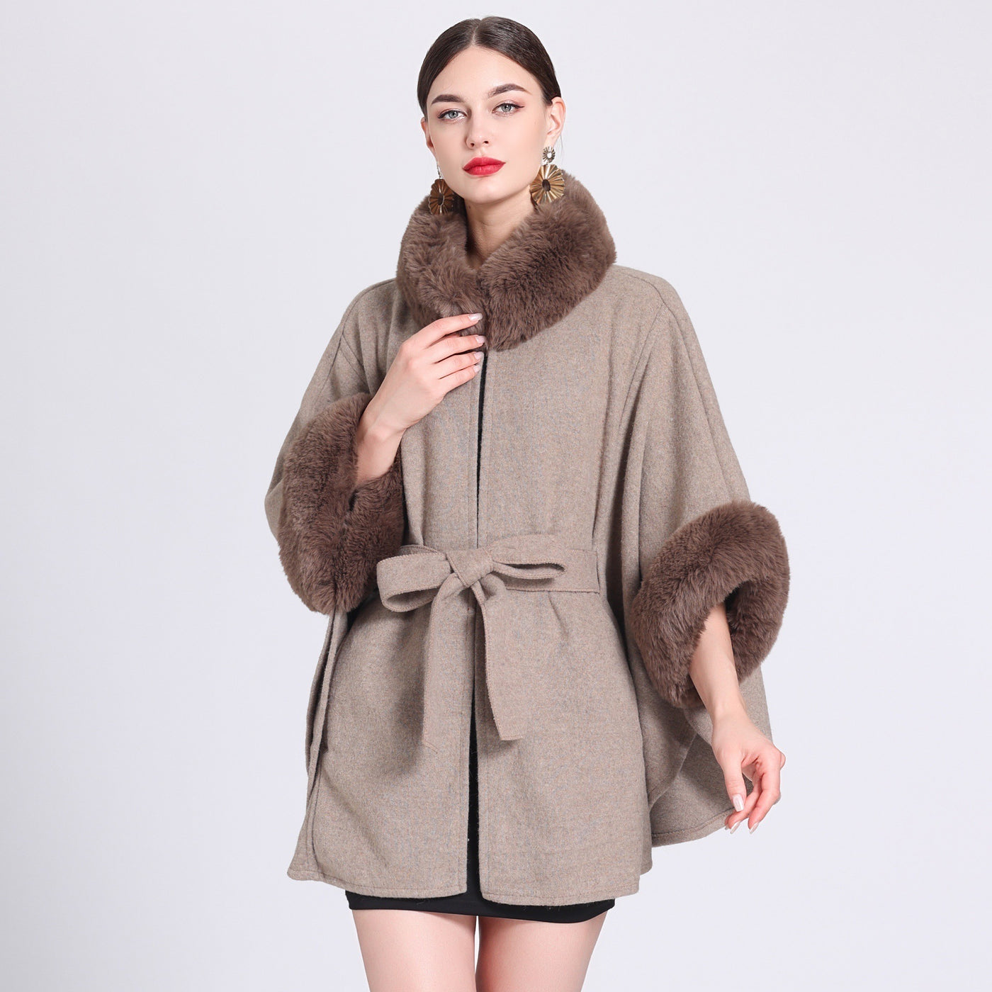 Rabbit Fur Collar Knitted Shawl Cape Lace-up Woolen Coat