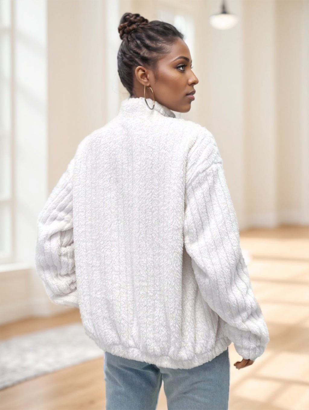 Flirla Letter Patch Drop Shoulder Teddy Jacket