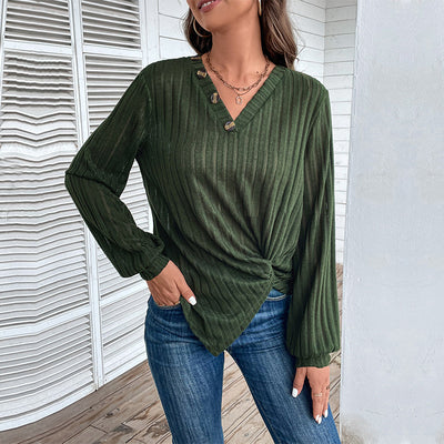 Fall V-neck Women's Top Texture Sunken Stripe Long-sleeved Sweater