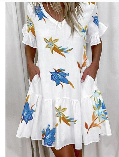 Printed Ruffled Pocket Dress Women
