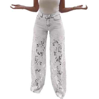 Women's Fashionable Hollow Lace Stitching High Waist Wide Leg Pants