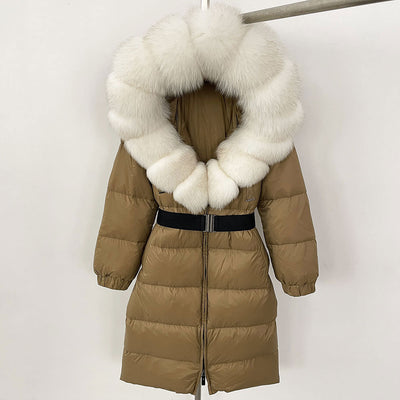 Women's Long Cinched Hoodie Real Fox Fur Collar Coat