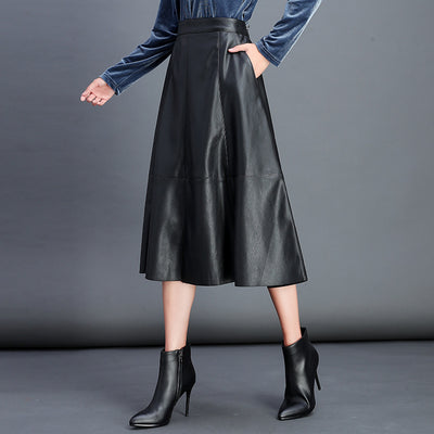Classic Korean Women Pu Leather Skirt Skirt Pleated Skirt Loose Wild Black Thin