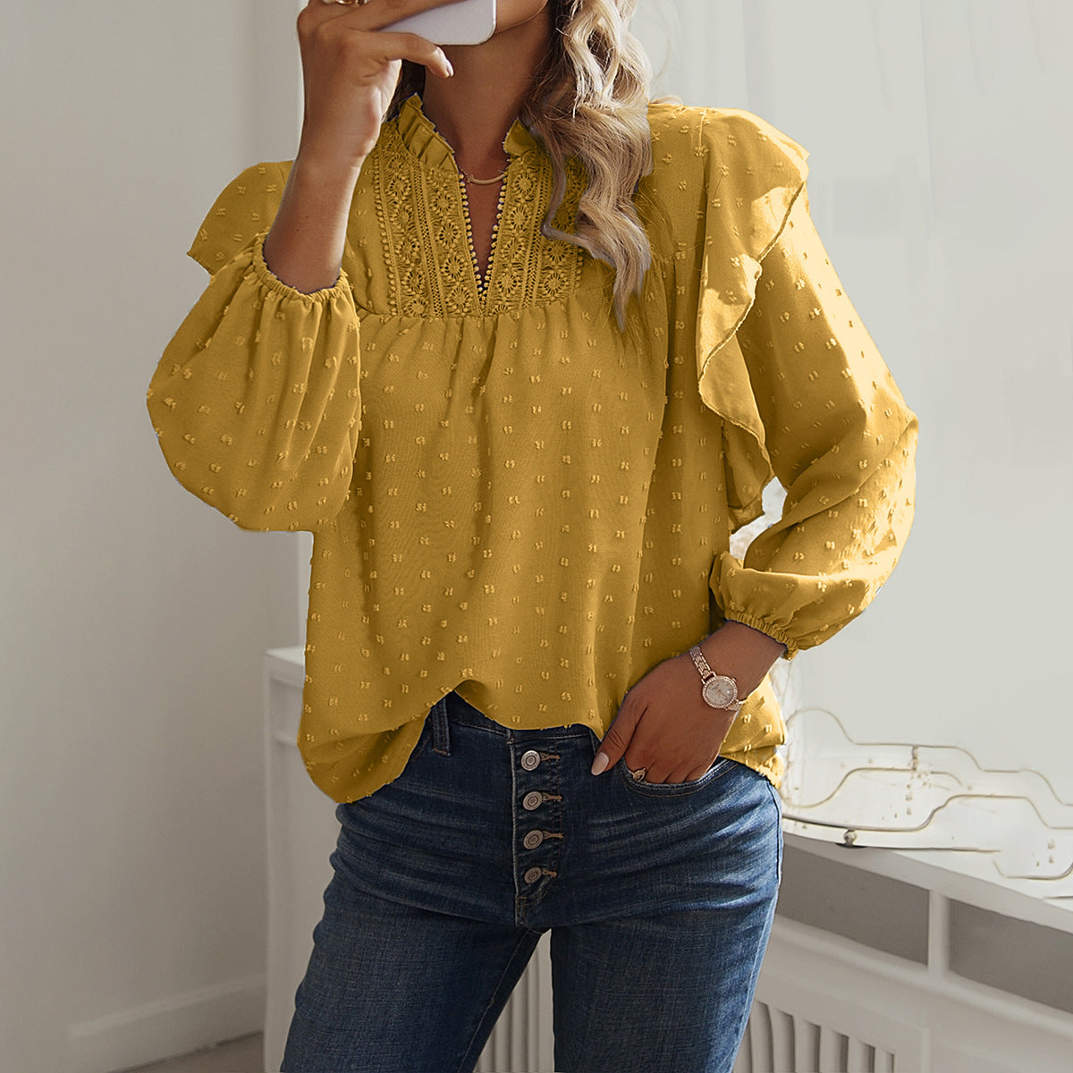 Spring And Summer Ruffled Lantern Sleeves Lace Stitching Coat