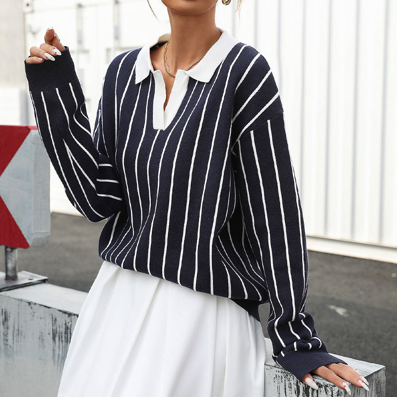 College Street Fashion Polo Collar Stripes Women's Sweater