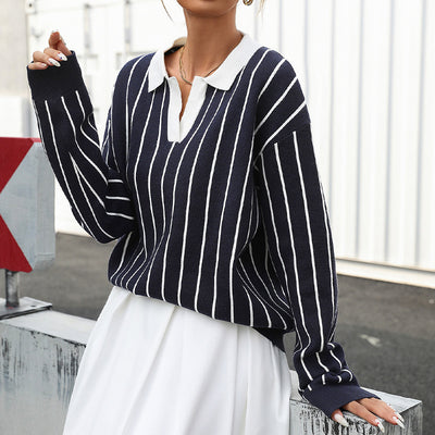 College Street Fashion Polo Collar Stripes Women's Sweater