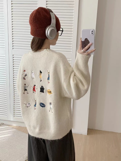 Gray Sweater Women's Loose Cartoon Embroidery Knitted Top