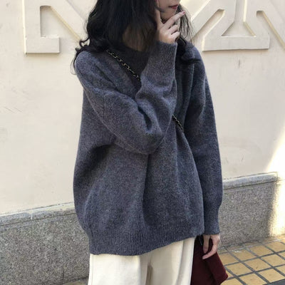 Solid Color Pullover Soft Glutinous Thickened Women's Round Neck Sweater