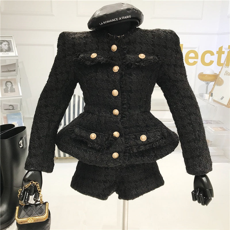 Waist Puff Sleeve Woolen Suit Shorts Two-Piece Women