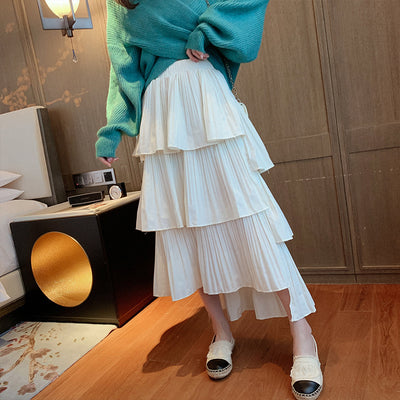 Irregular Pleated Skirt Women High Waist Mid-Length Cake Skirt