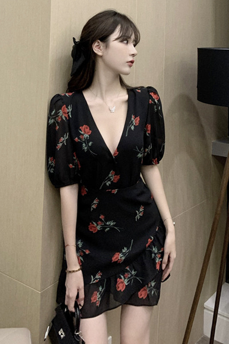 French Ruffled Floral Dress Women
