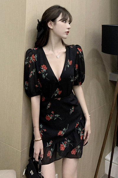 French Ruffled Floral Dress Women
