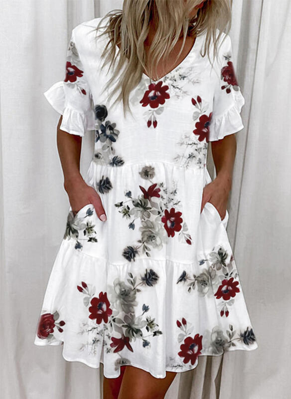 Printed Ruffled Pocket Dress Women