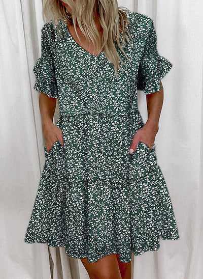 Printed Ruffled Pocket Dress Women