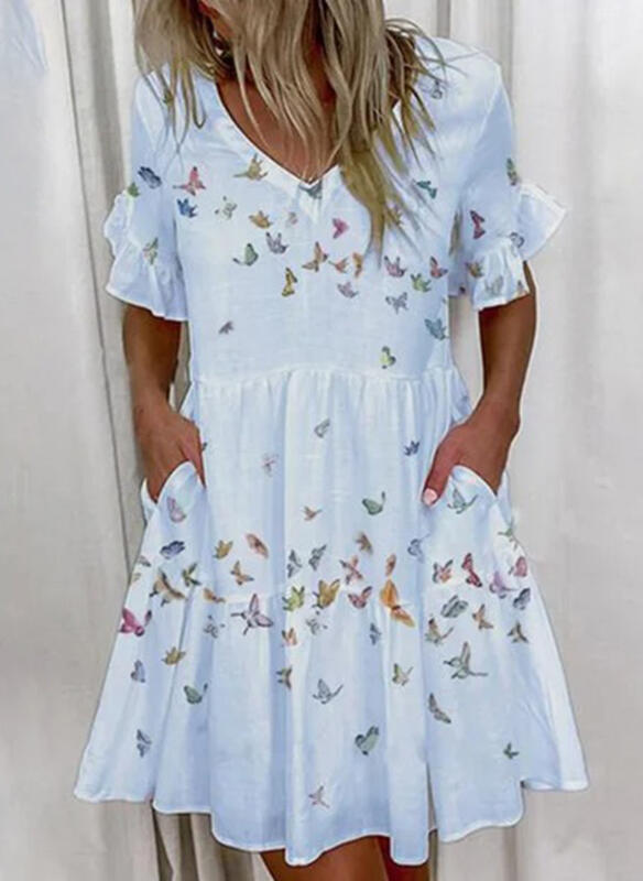 Printed Ruffled Pocket Dress Women