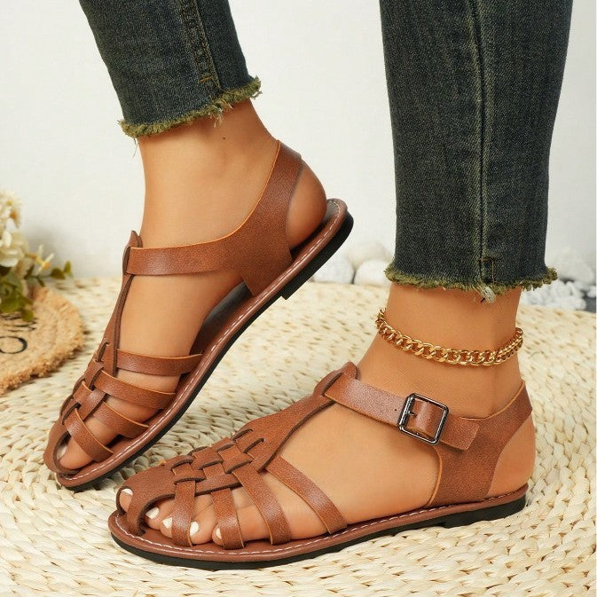 Vintage Weave Closed Toe Sandals Women's Seaside Vacation Soft Bottom Brown Roman