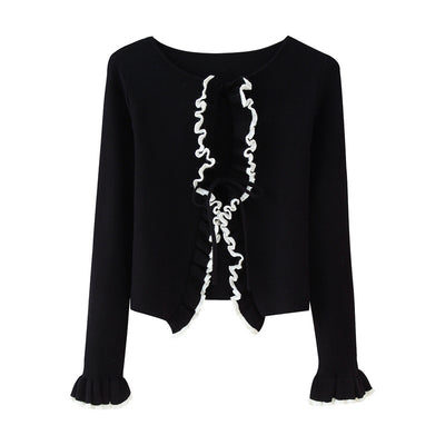 Spring And Autumn Solid Color Two-color Lace Stitching Long Sleeve Tied Knitted Cardigan