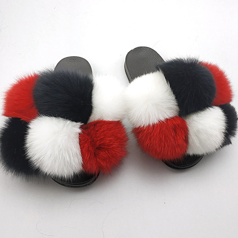 Fox Fur Ball Slippers For Outer Wear