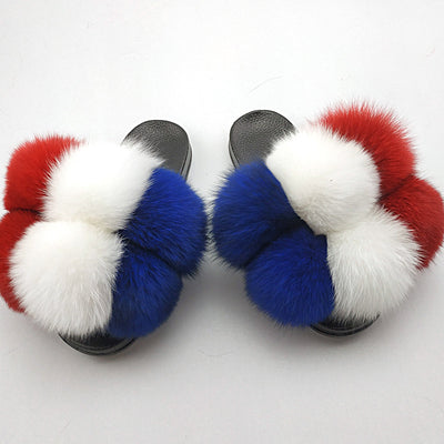 Fox Fur Ball Slippers For Outer Wear