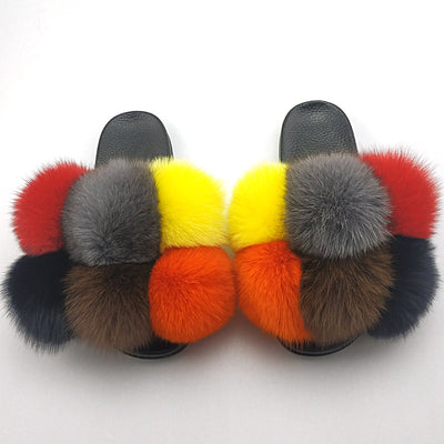 Fox Fur Ball Slippers For Outer Wear