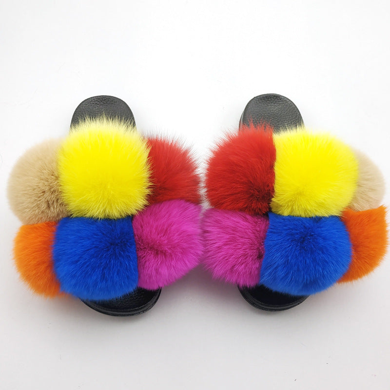 Fox Fur Ball Slippers For Outer Wear