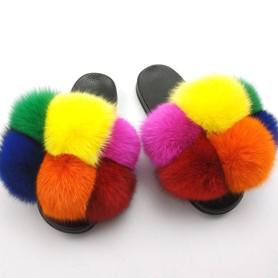 Fox Fur Ball Slippers For Outer Wear