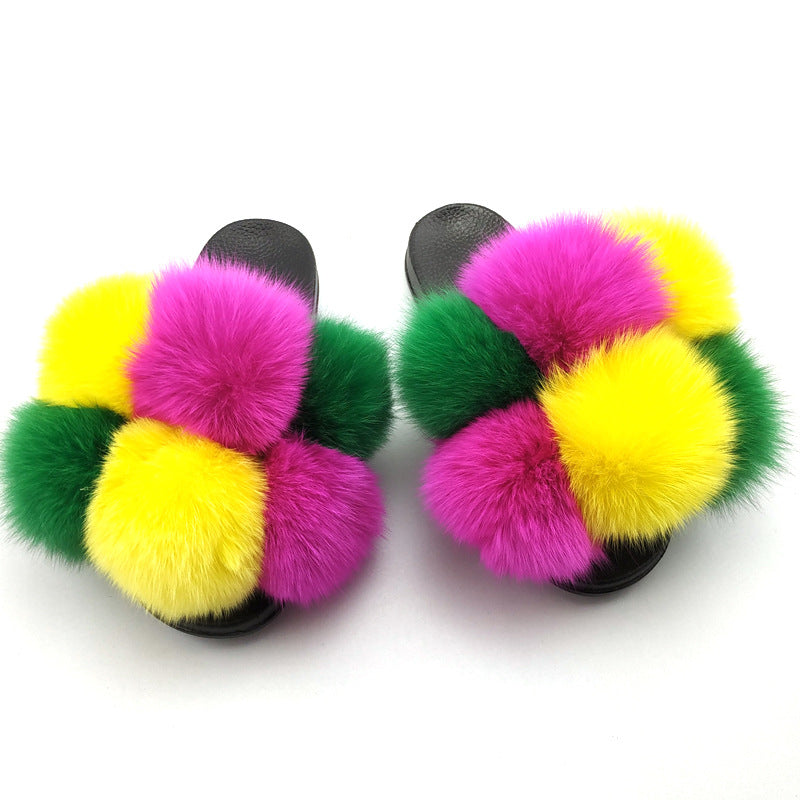 Fox Fur Ball Slippers For Outer Wear