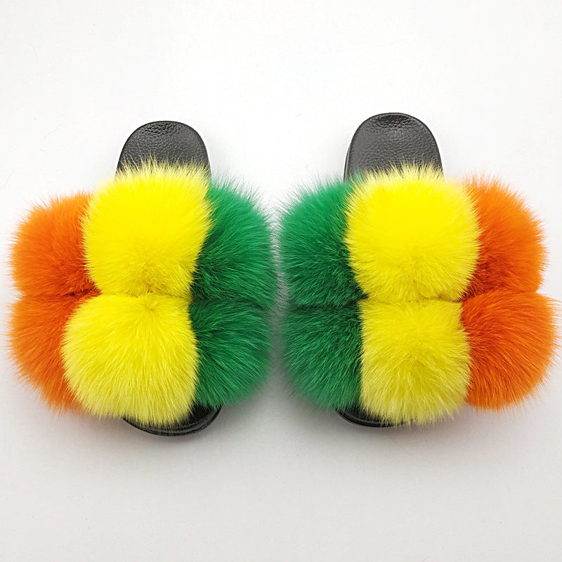 Fox Fur Ball Slippers For Outer Wear