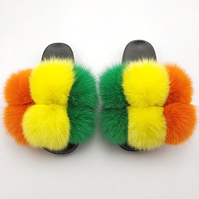 Fox Fur Ball Slippers For Outer Wear