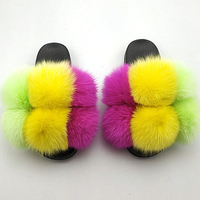 Fox Fur Ball Slippers For Outer Wear