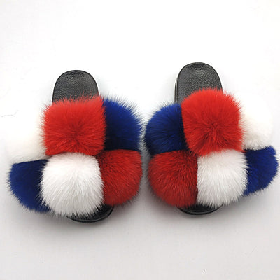 Fox Fur Ball Slippers For Outer Wear