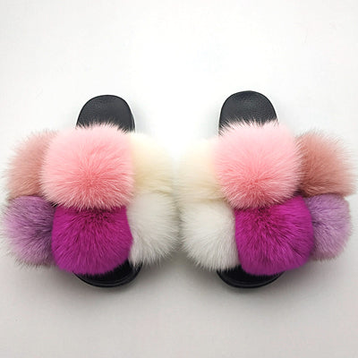 Fox Fur Ball Slippers For Outer Wear