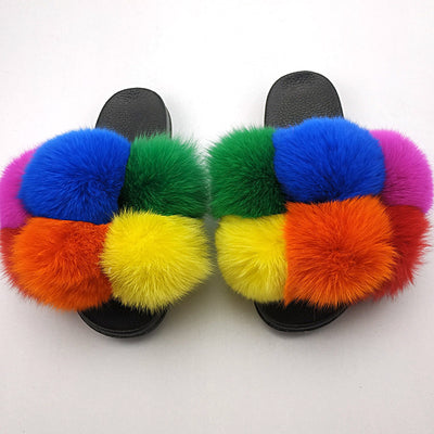 Fox Fur Ball Slippers For Outer Wear