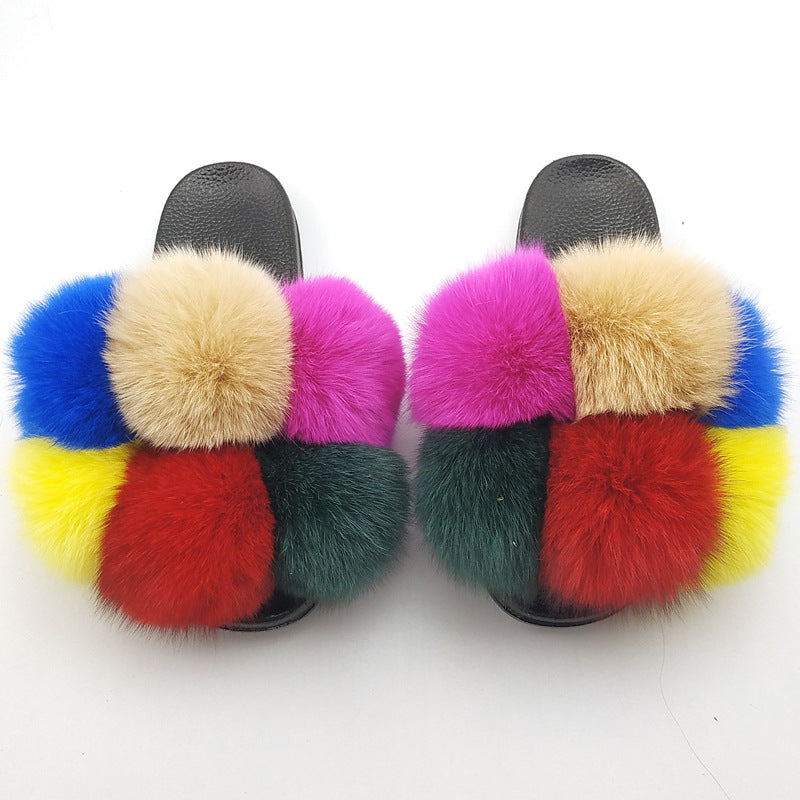 Fox Fur Ball Slippers For Outer Wear