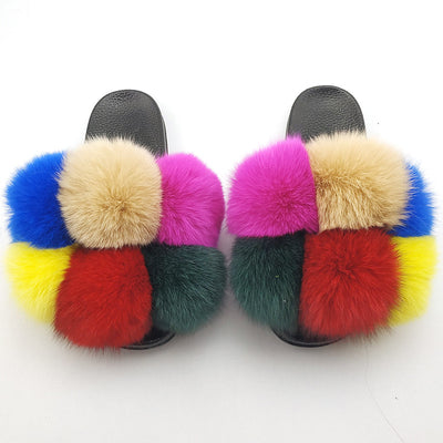 Fox Fur Ball Slippers For Outer Wear