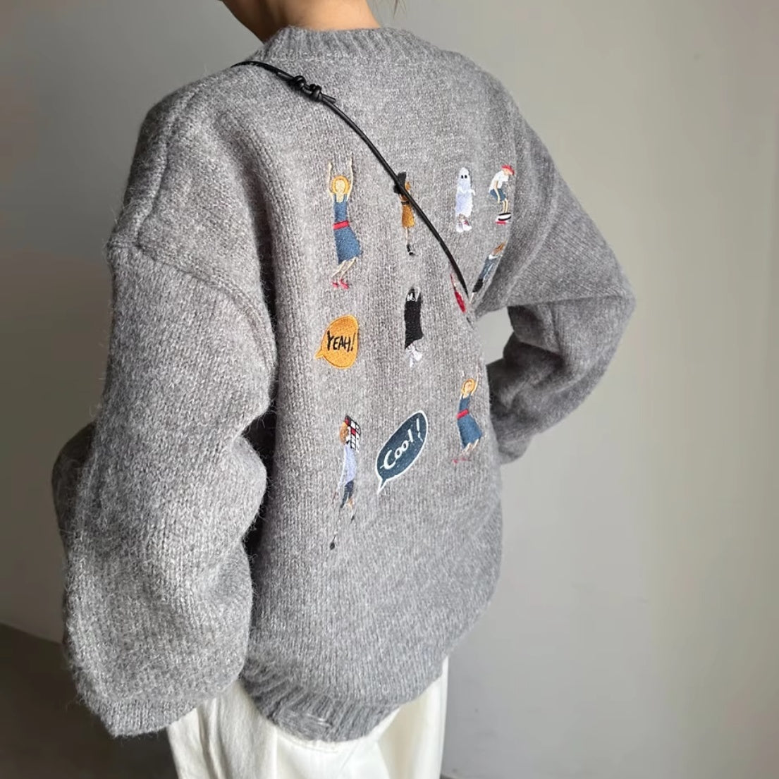 Gray Sweater Women's Loose Cartoon Embroidery Knitted Top