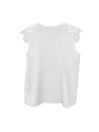 Ladies' Lace Notch Collar Shirt With Lace Patchwork Cuffs, Solid Color Casual Top